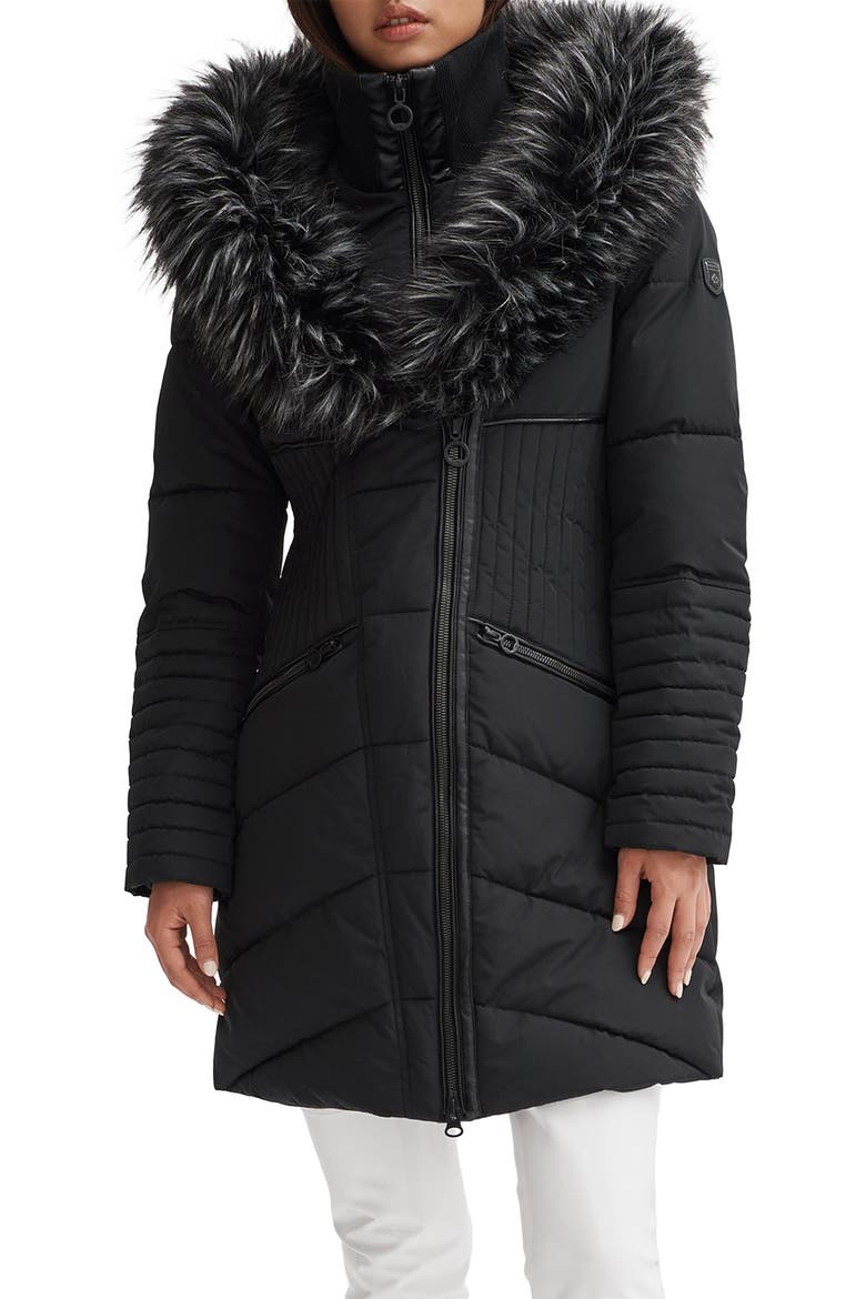 Gigi Vegan Faux Fur Trim Quilted Parka, Main, color, BLACK