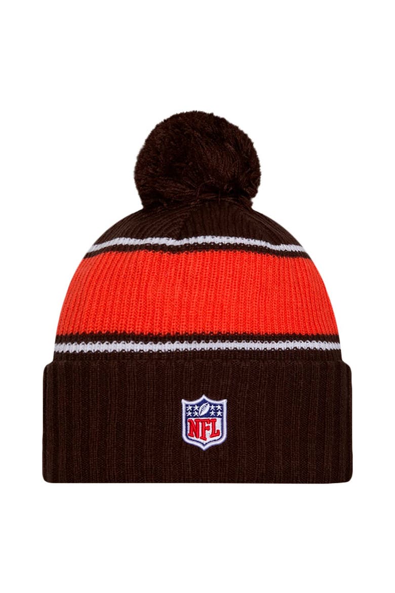 Men's New Era Brown Cleveland Browns 2024 Sideline Cuffed Knit Hat with Pom, Alternate, color, Brown