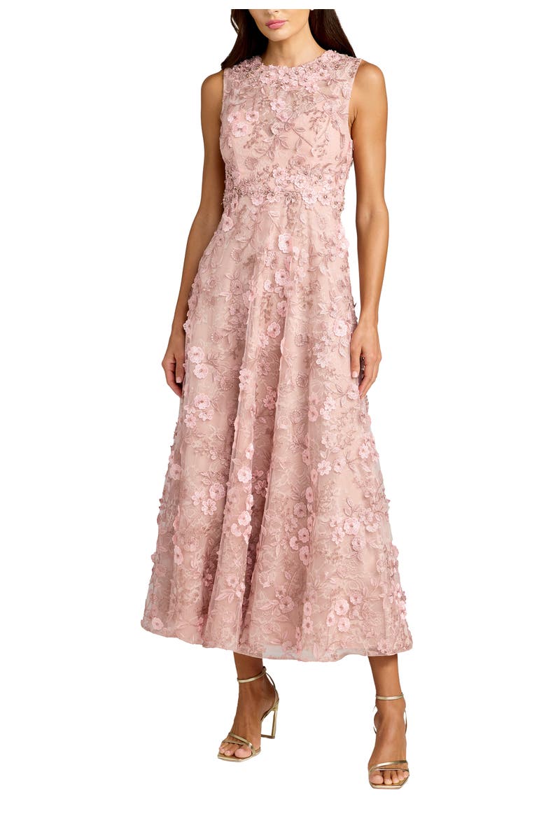 Mac Duggal Petite Floral Embroidered High Neck Midi Dress, Main, color, Rose