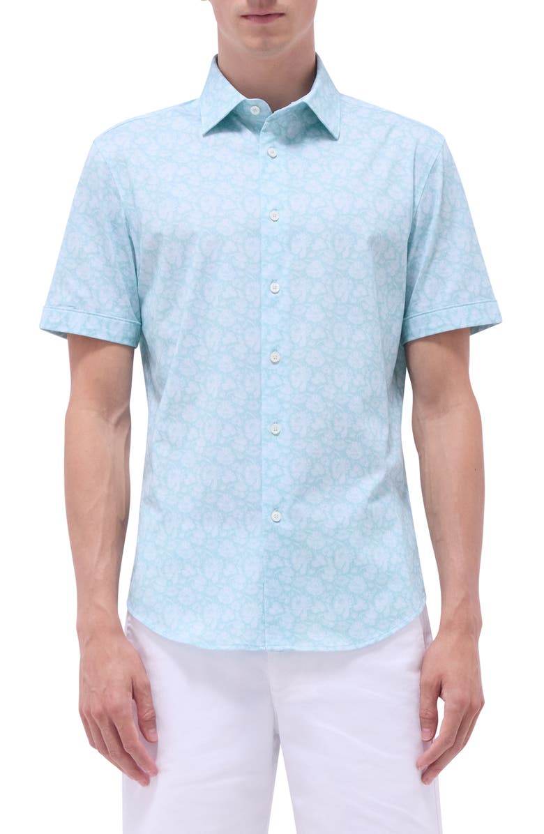 Bugatchi Miles OoohCotton<sup>®</sup> Floral Short Sleeve Button-Up Shirt, Main, color, Menthol
