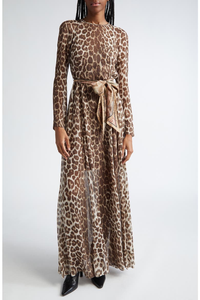 Illustration Leopard Print Belted Long Sleeve Maxi Dress, Main, color, CHOCOLATE LEOPARD