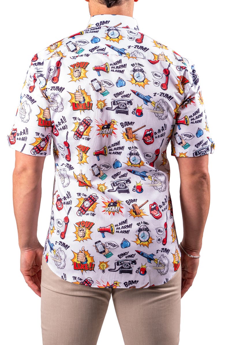 Maceoo Galileo Resistance0351 White Cartoon Print Short Sleeve Button-Up Shirt, Alternate, color, 