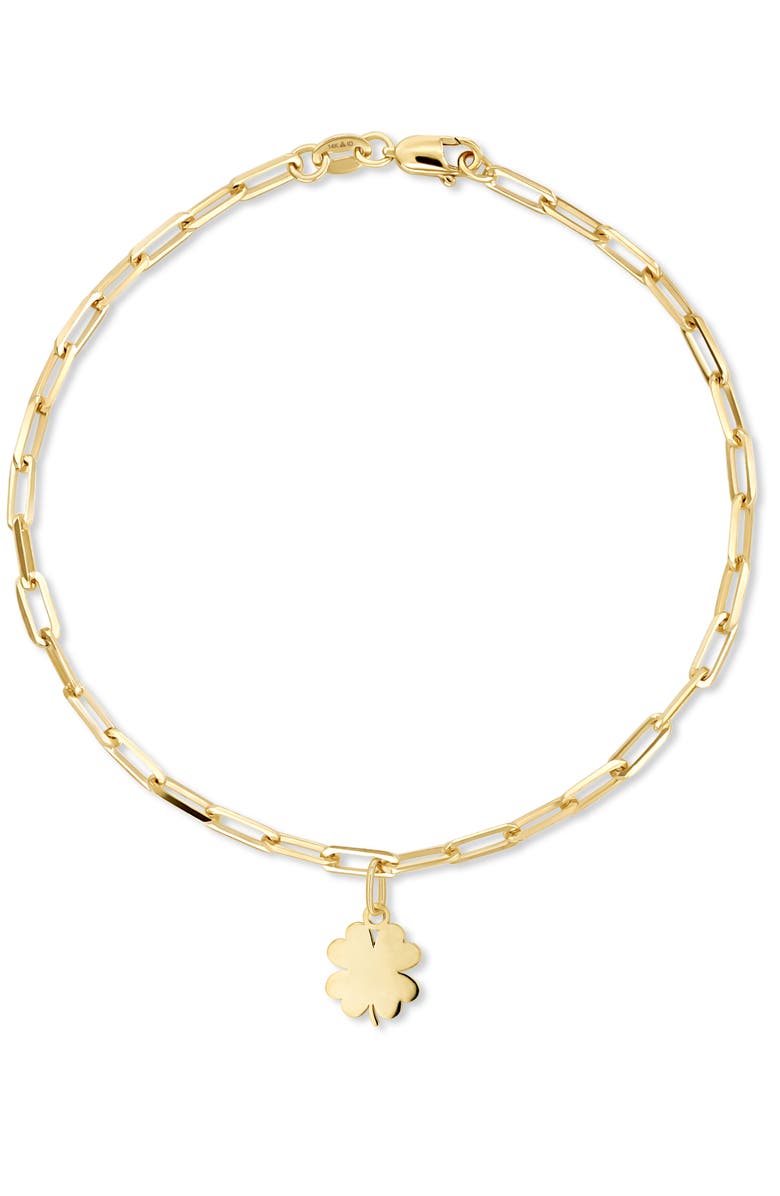 DEVATA Clover Heart Charm with Paperclip Chain Bracelet in 14K Gold, 7", Main, color, Yellow Gold