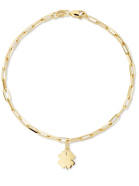 Clover Heart Charm with Paperclip Chain Bracelet in 14K Gold, 7.5"