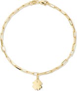 DEVATA Clover Heart Charm with Paperclip Chain Bracelet in 14K Gold, 7.5"