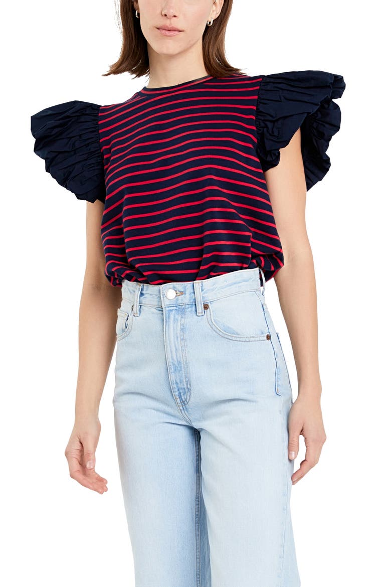 Mixed Media Stripe Ruffle Sleeve Top, Alternate, color, NAVY/ RED