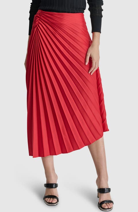 Asymmetric Hem Pleated Satin Skirt