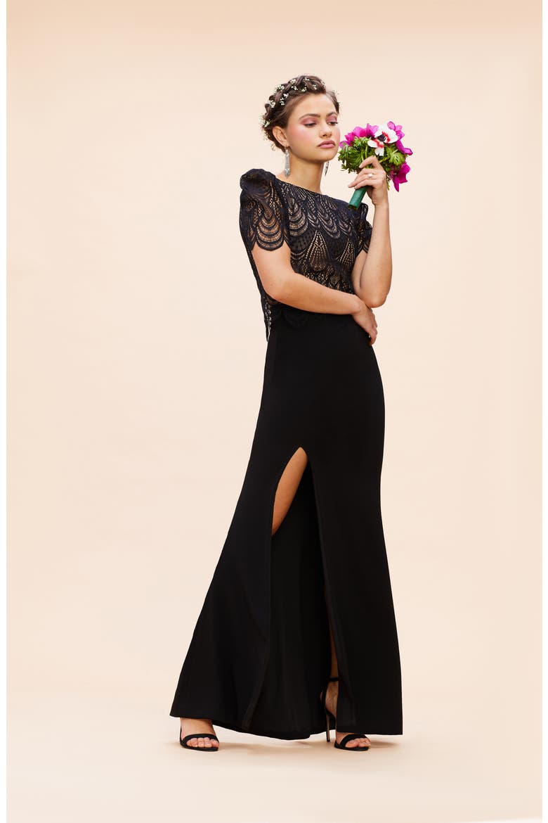 Ramona Lace Popover Bodice Trumpet Gown, Alternate, color, BLACK