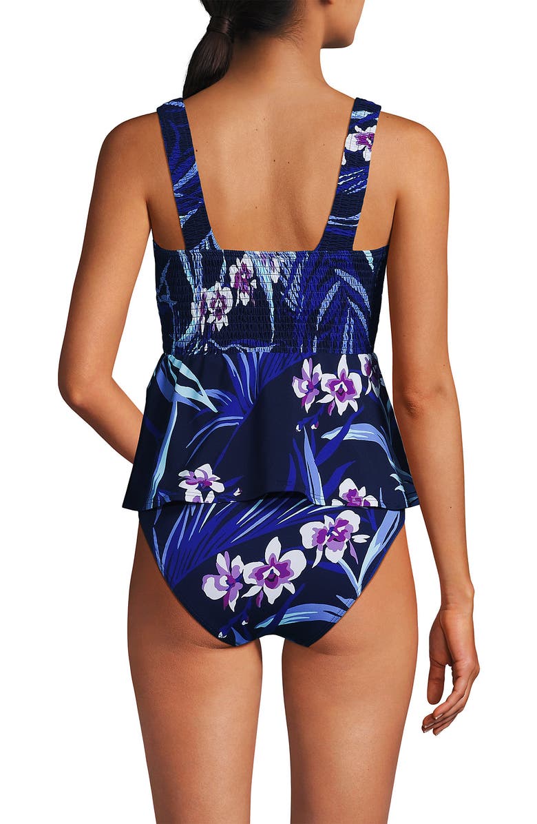 Lands' End Smocked Tankini Top and High Waisted Bottoms Swimsuit Set, Alternate, color, Deep Sea Navy Tropical Floral