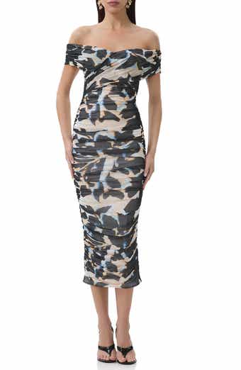 AFRM Belmont Off the Shoulder Ruched Mesh Midi Dress