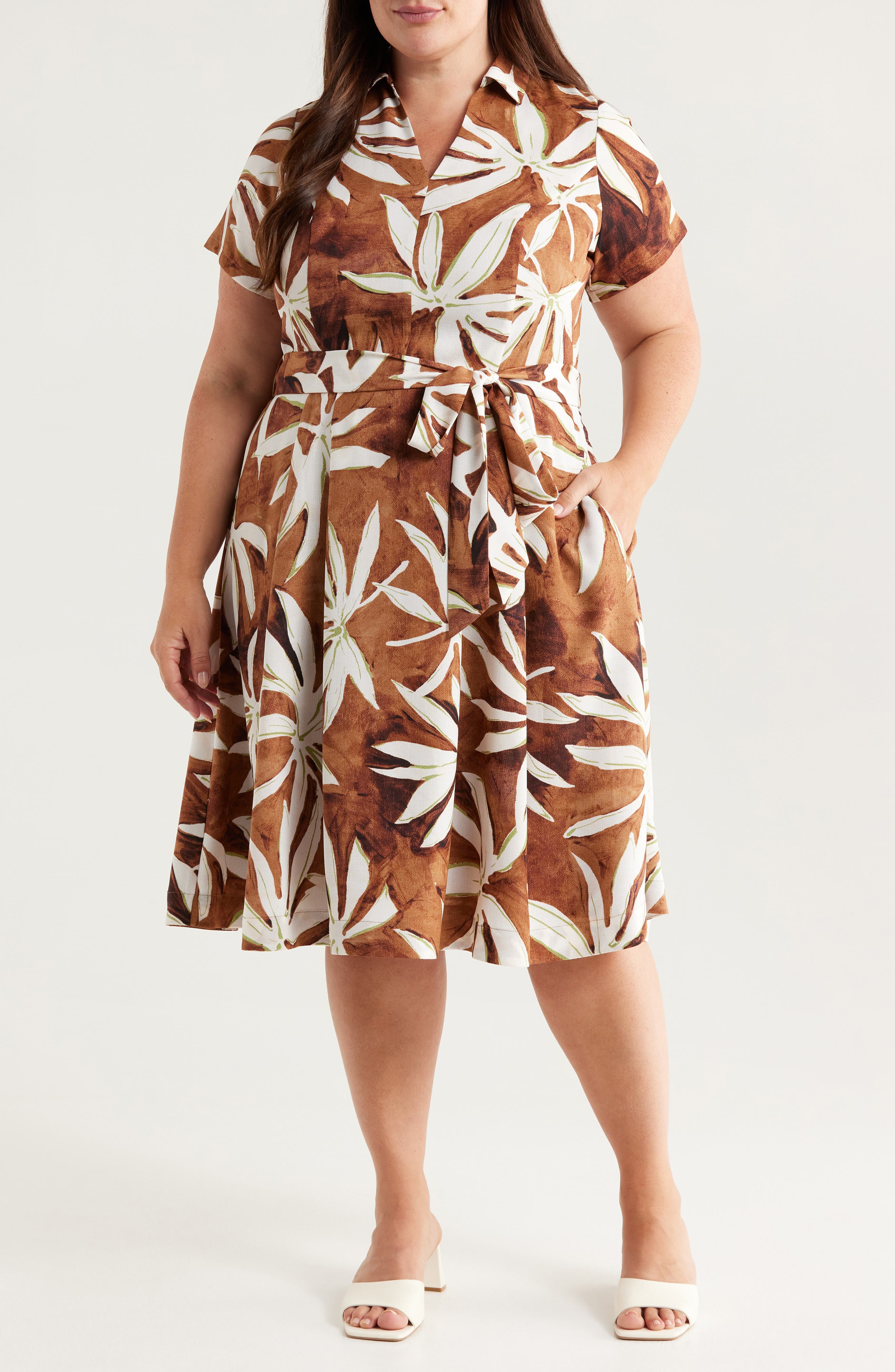Tahari ASL Print Tie Belt Midi Shirtdress in Bark Palm 