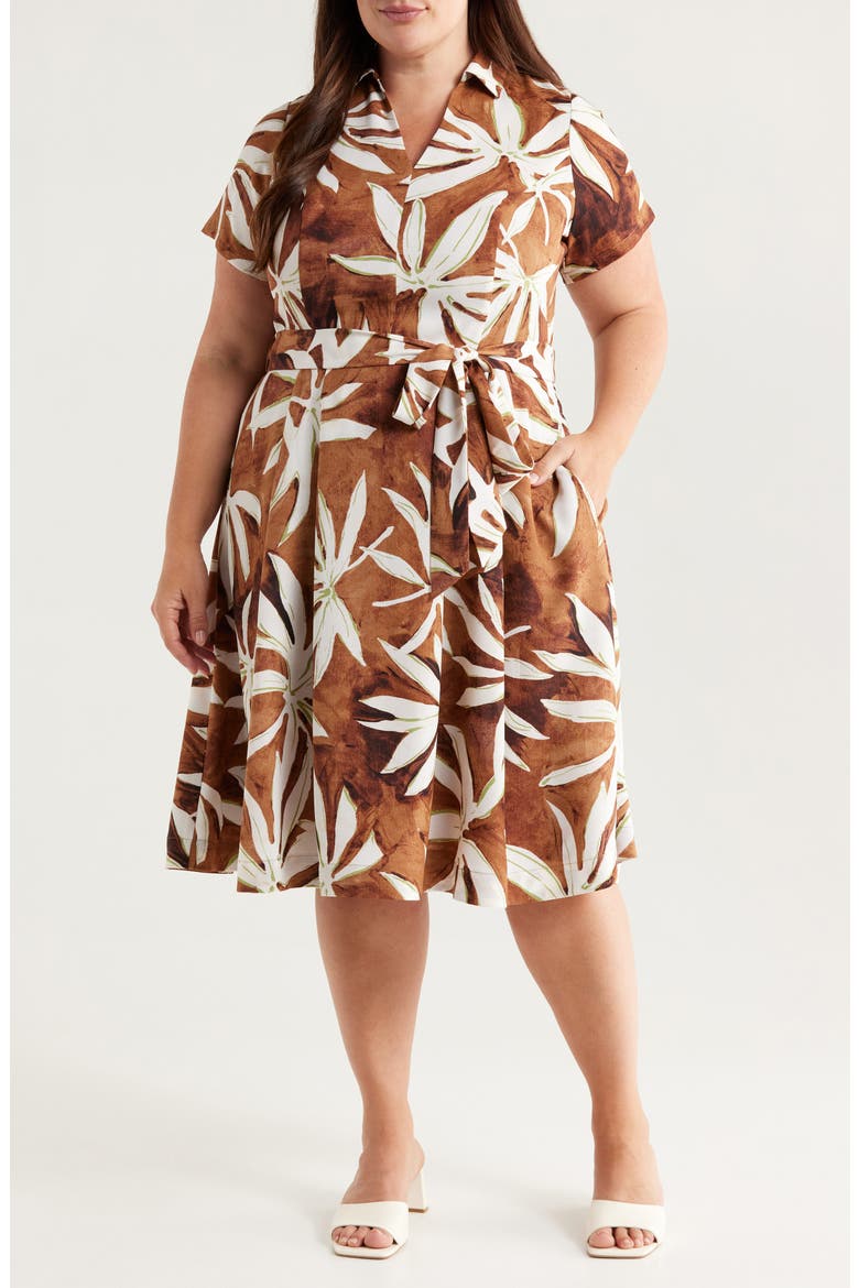 Print Tie Belt Midi Shirtdress, Main, color, BARK PALM