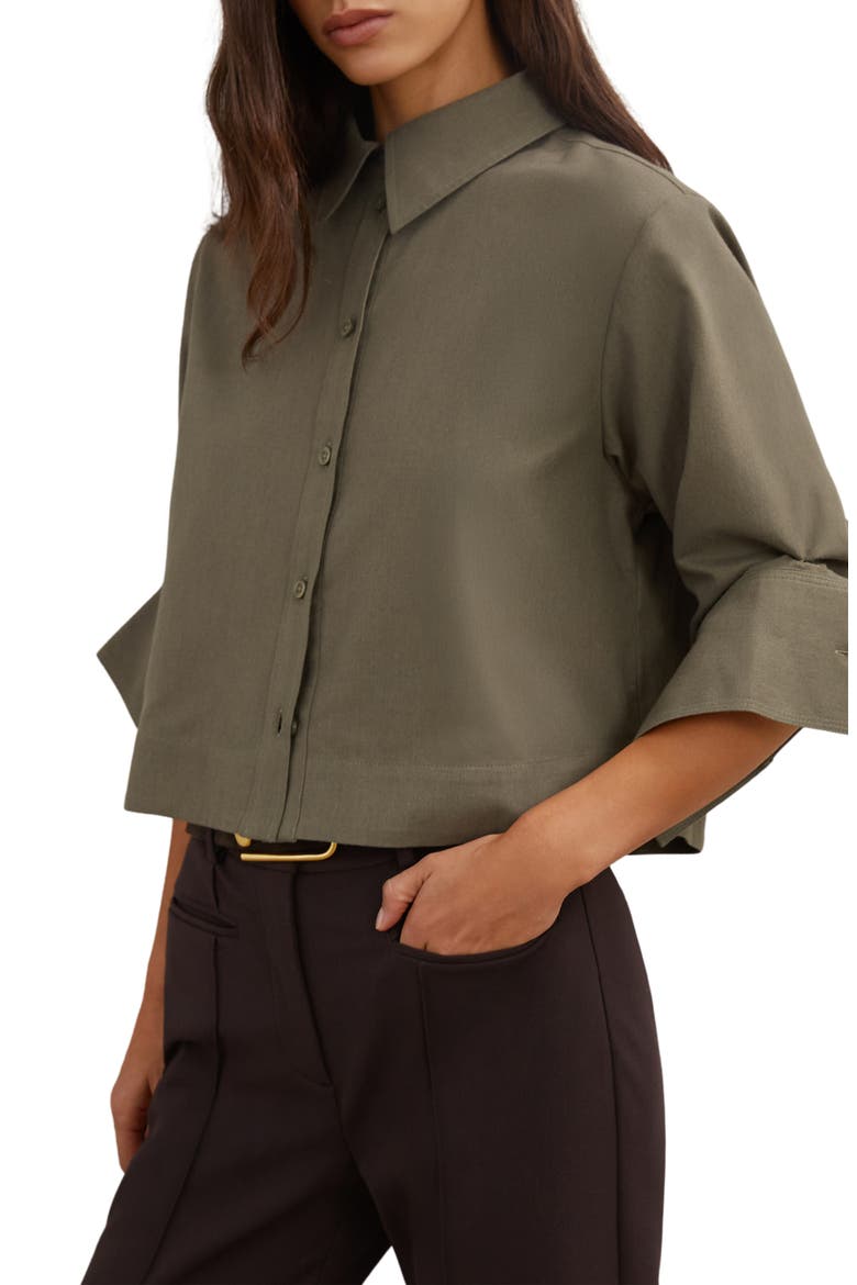 Caylan Cotton & Wool Crop Button-Up Shirt, Alternate, color, KHAKI GREEN