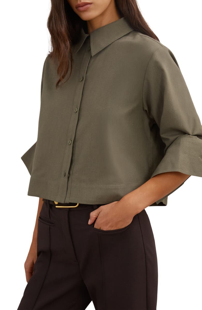 Reiss Caylan Cotton & Wool Crop Button-Up Shirt, Alternate, color, Khaki Green