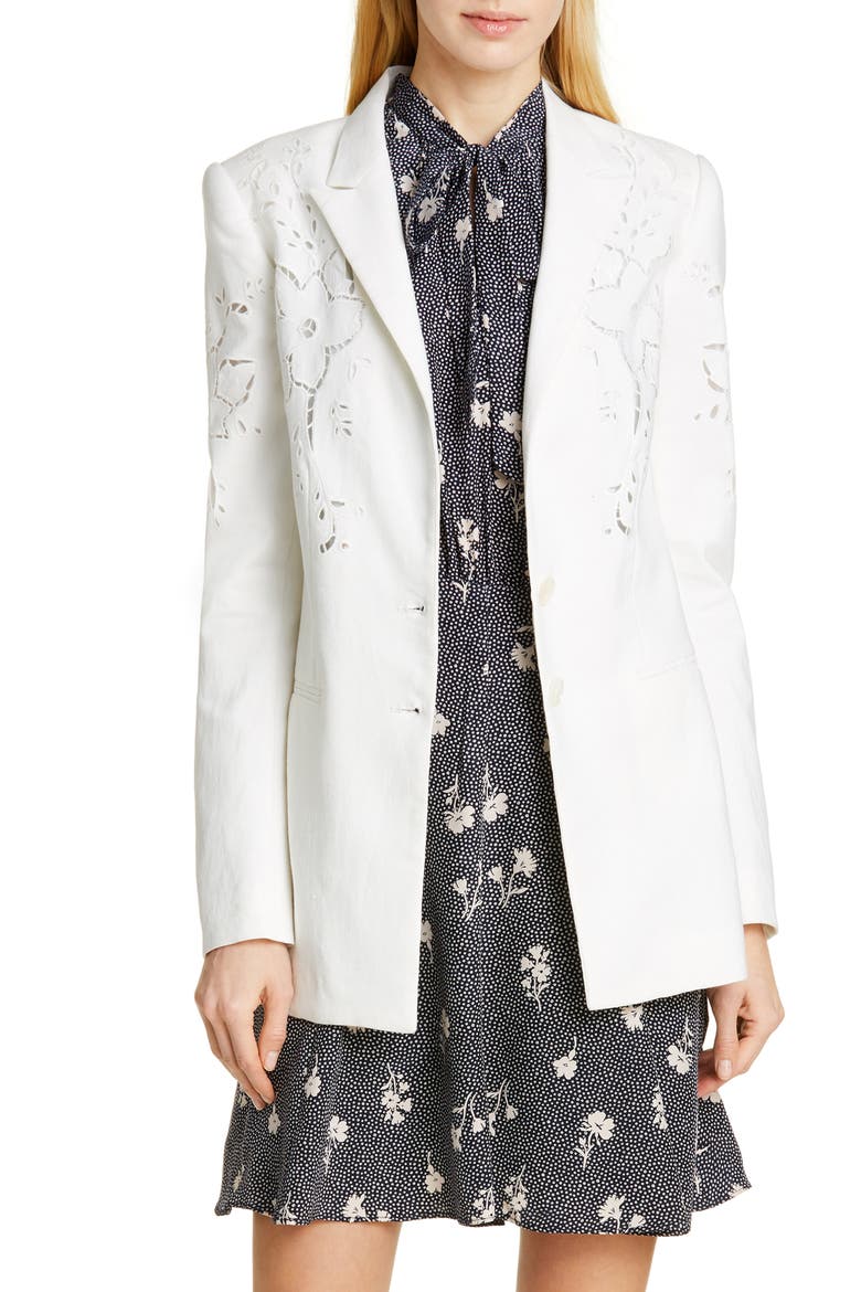 Eyelet Embroidery Linen Blend Blazer, Main, color, SNOW