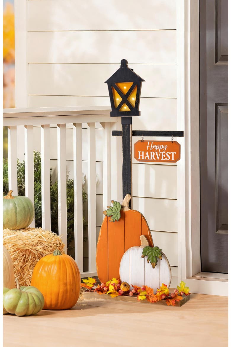 Fall Thanksgiving Lighted Wooden Lamp Post Porch Decor, Alternate, color, Black