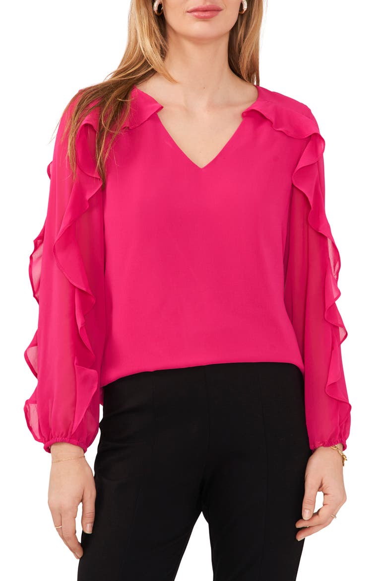 Ruffle Sleeve V-Neck Blouse, Main, color, POWER PINK