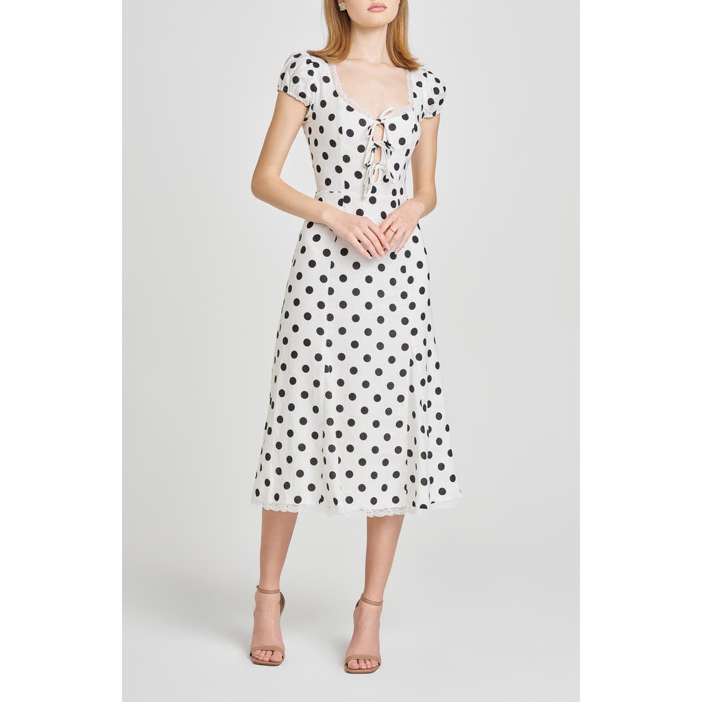 Shop Wayf Cara Polka Dot Cap Sleeve Linen Blend Midi Dress In Ivory Polka-dot