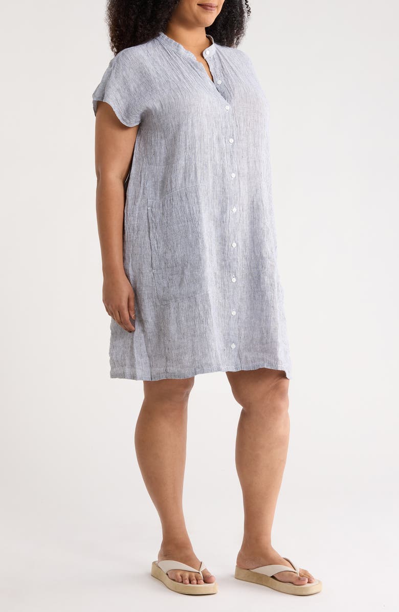Eileen Fisher Mandarin Collar Organic Linen Shirtdress, Alternate, color, Ink