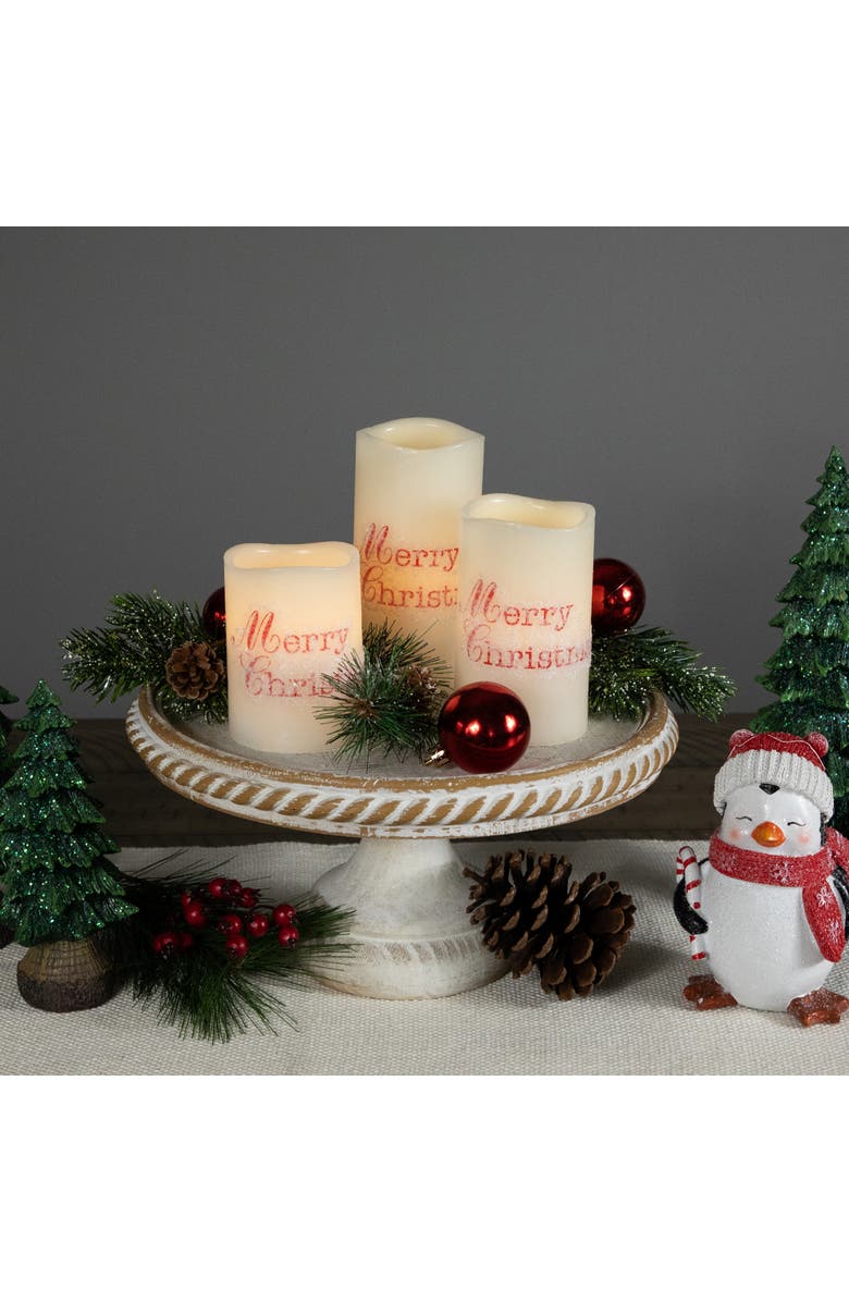 Northlight LED Flameless Frosted "Merry Christmas" Wax Pillar Candles - 6" - Set of 3, Alternate, color, White