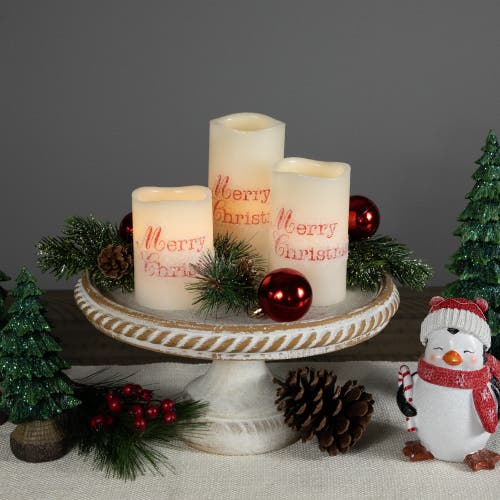 Northlight Led Flameless Frosted "merry Christmas" Wax Pillar Candles In White