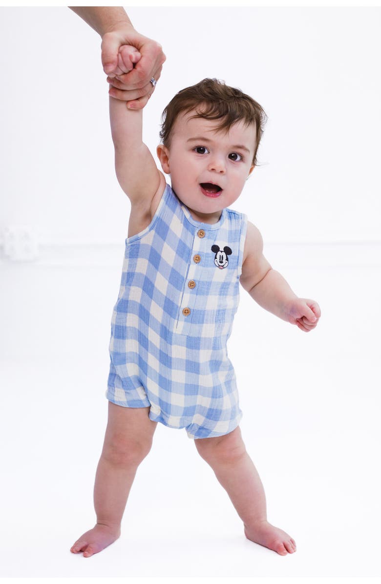 Disney Mickey Mouse Baby Boys' Cotton Gauze Sleeveless Shorty Romper, Alternate, color, Light Blue Mickey