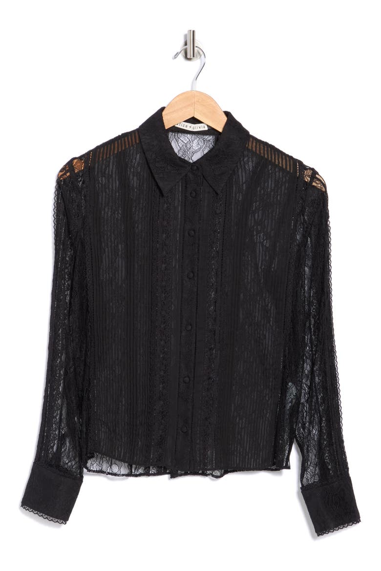 Willa Long Sleeve Mixed Media Button-Up Shirt, Alternate, color, BLACK