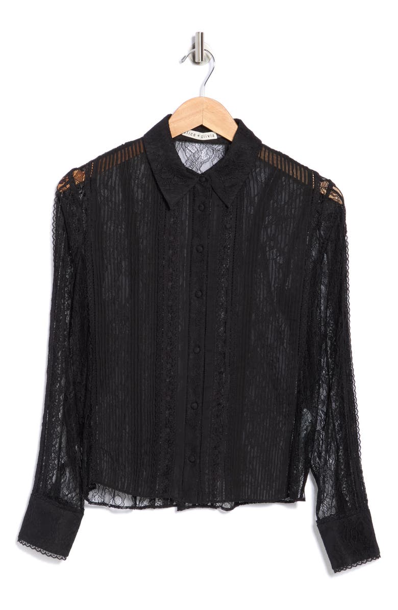 Alice + Olivia Willa Long Sleeve Mixed Media Button-Up Shirt, Main, color, Black