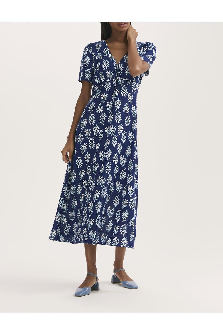 Martina Printed Crepe Midi Dress, Alternate, color, Navy Woodblock