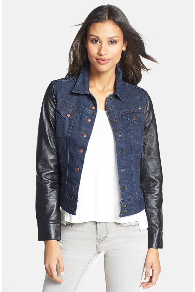 'Sabrina' Leather Sleeve Denim Jacket, Main, color, CHERAW