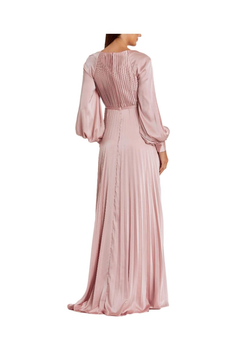 Mac Duggal Pleated High Neck Raglan Long Sleeve Side Slit Gown, Alternate, color, Blush