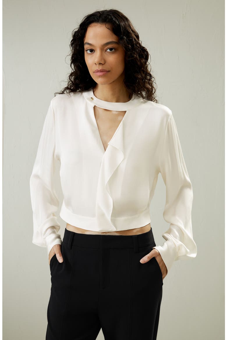 V Neck Collared Silk Shirt, Alternate, color, Pearl white