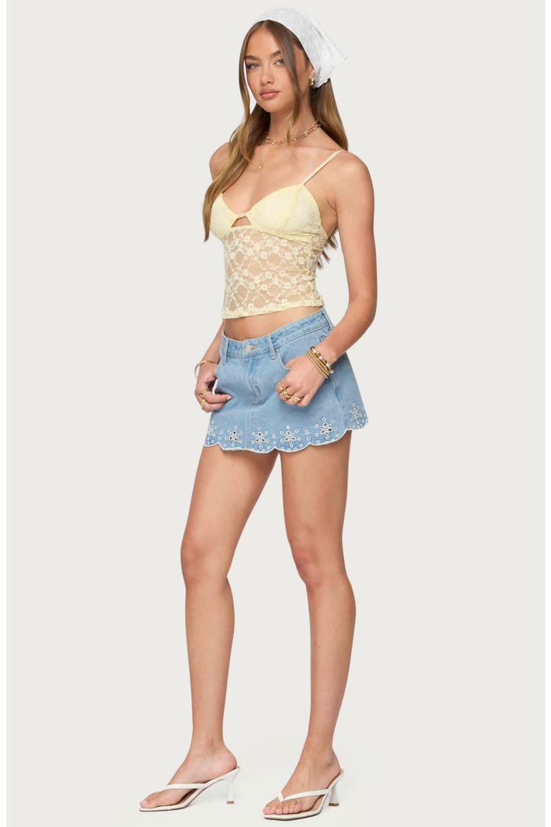 Eyelet Embroidered Scallop Hem Denim Miniskort, Alternate, color, LIGHT-BLUE