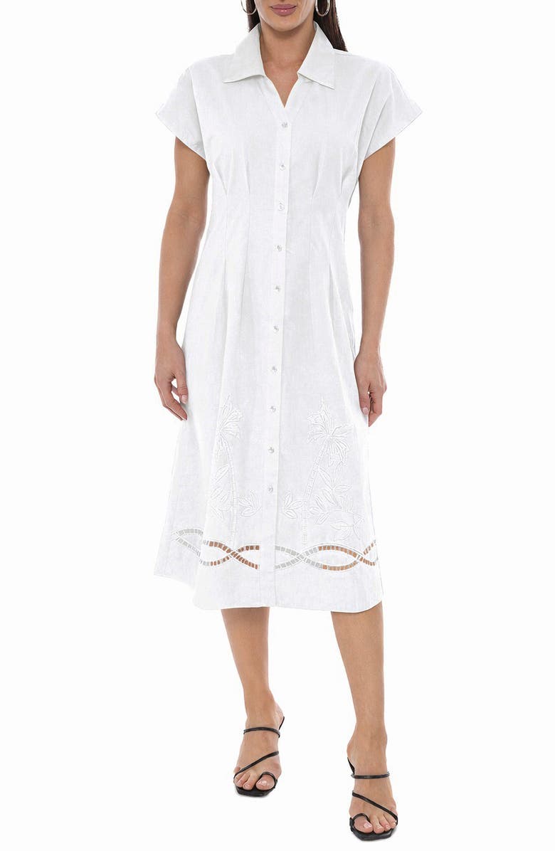 TASH AND SOPHIE Embroidered Short Sleeve Midi Shirtdress, Main, color, White