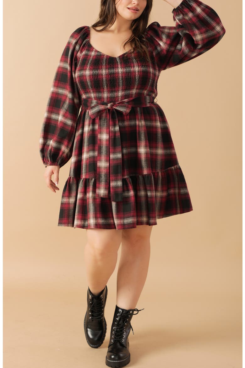 Smocked Plaid Minidress, Alternate, color, RED/ BLACK
