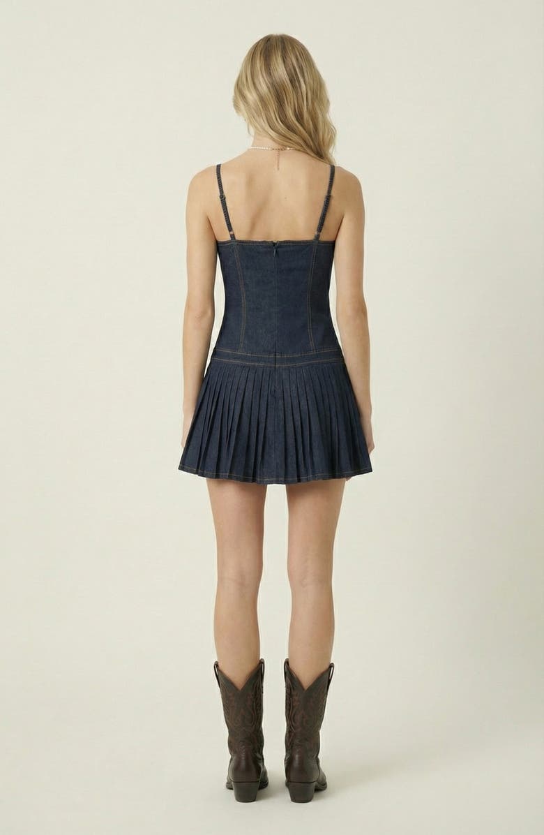 Modenaire Spaghetti Strap Pleated Denim Mini Dress, Alternate, color, Dark Blue