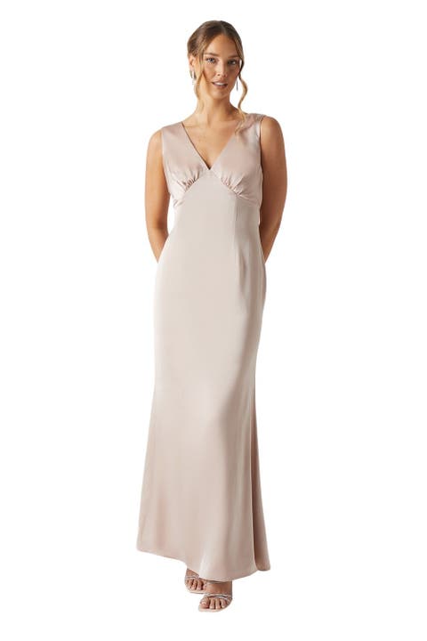 Bow Back V-Neck Satin Bridesmaid Dress