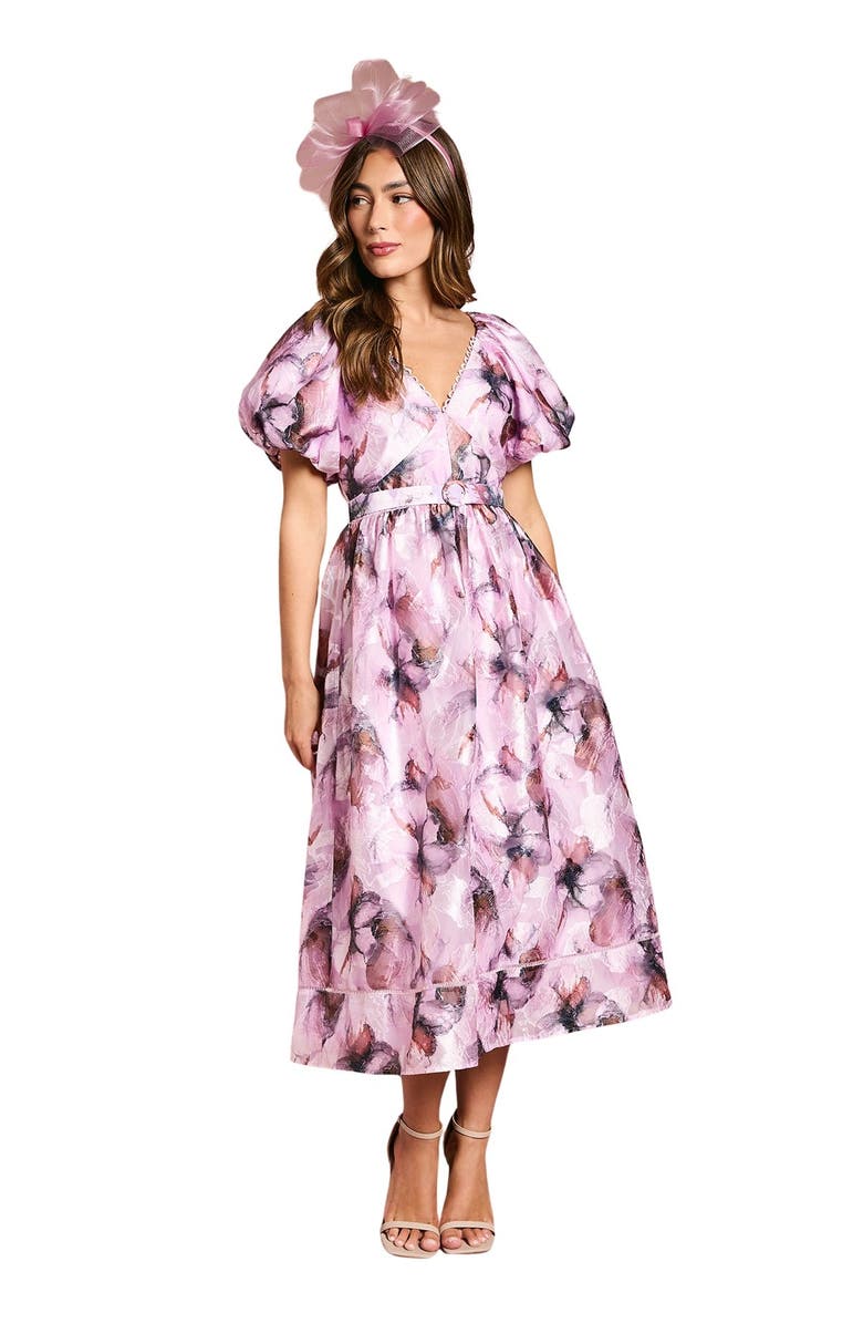 Coast Short Puff Sleeve Belted Midi Dress, Main, color, Pink