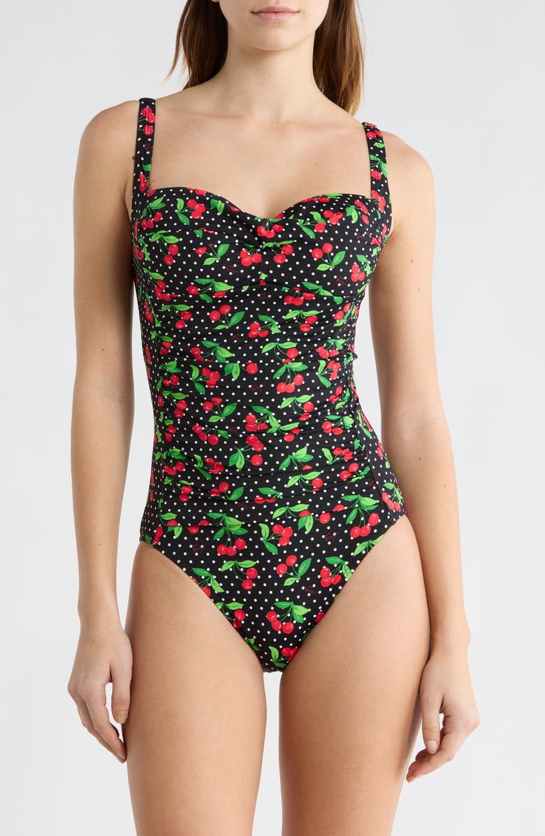 Betsey Johnson Sweetheart Ruched One-Piece Swimsuit, Main, color, Cherry Print