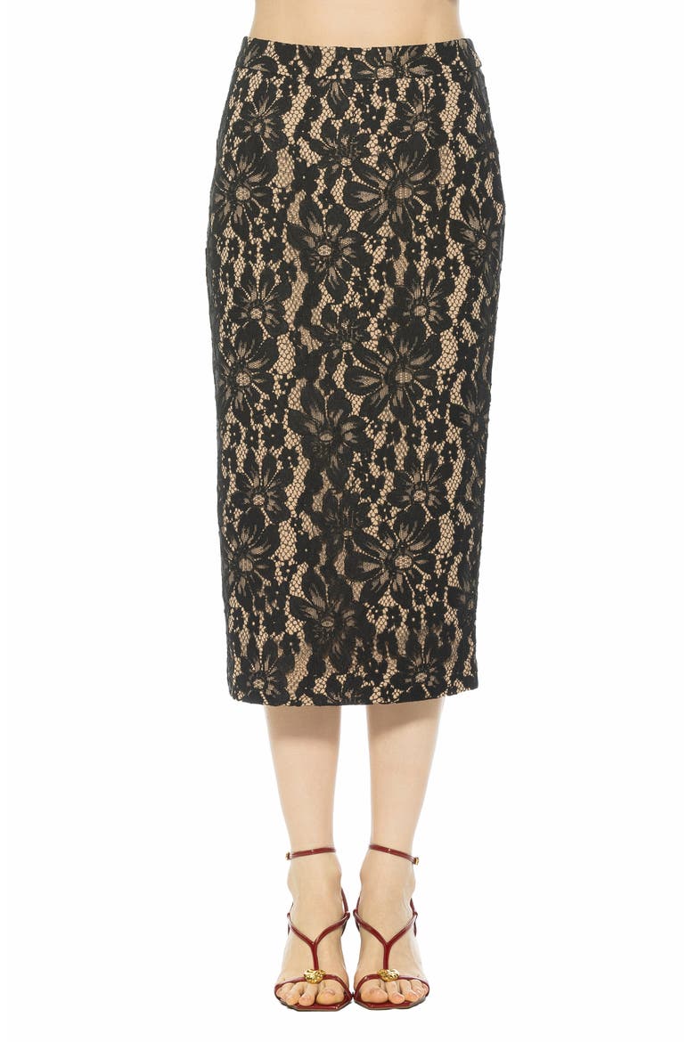 Taye Lace Midi Pencil Skirt, Main, color, BLACK