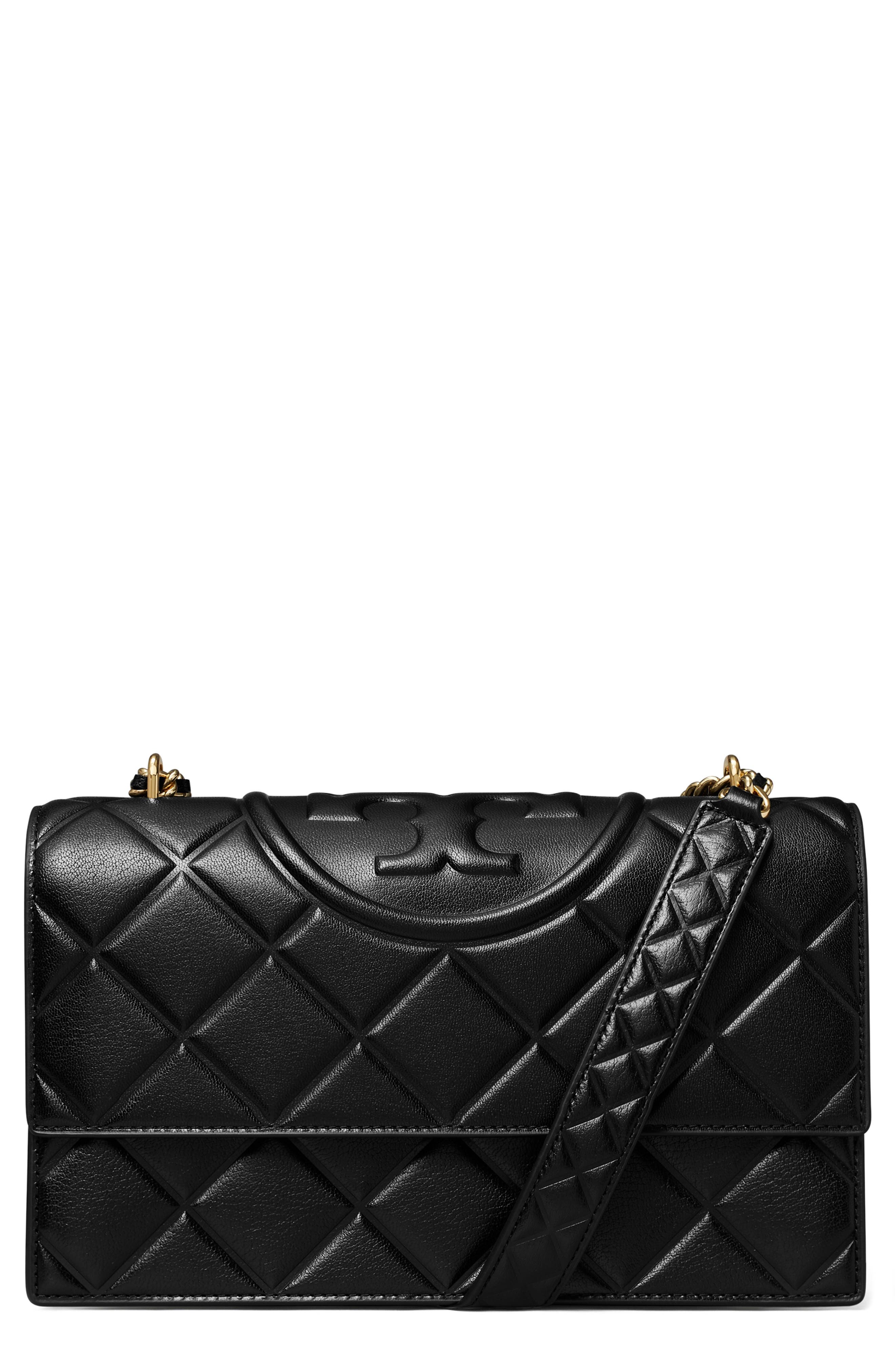 Tory Burch Fleming Convertible Quilted Leather Shoulder Bag, Main, color, Black