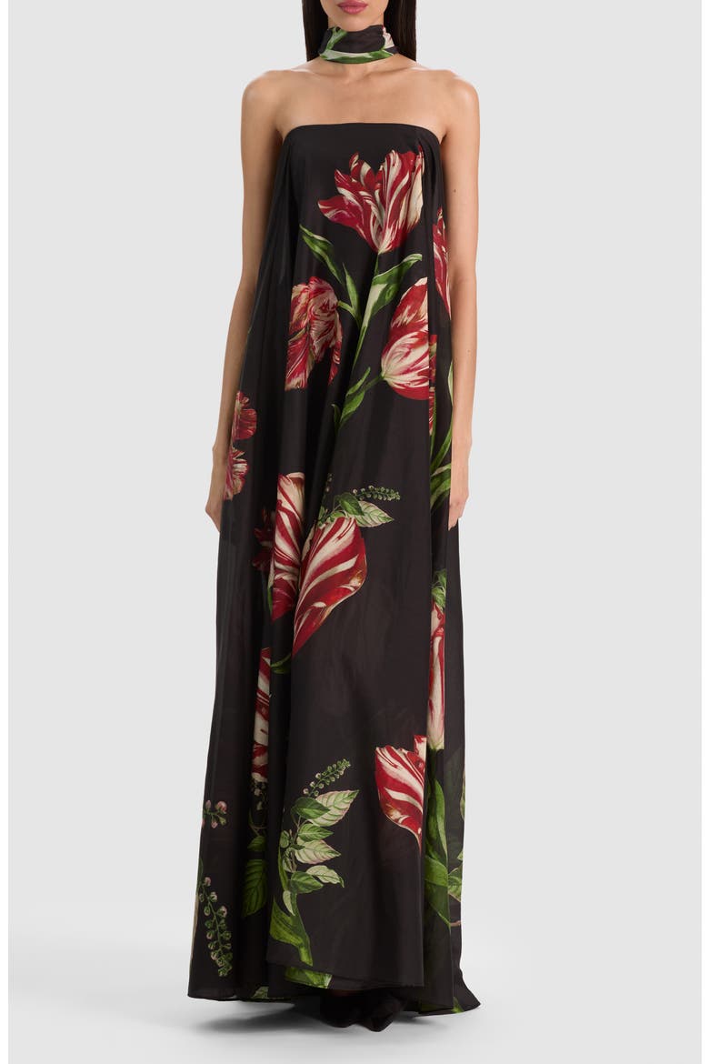Maricela Strapless Maxi Dress With Scarf, Main, color, SOFT TULIP BLACK