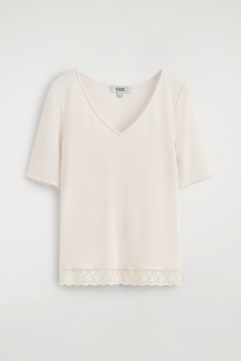 Lace-Trimmed Ribbed V-Neck T-Shirt, Alternate, color, WHITE