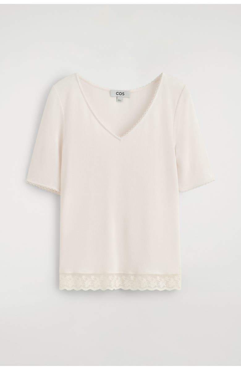 COS Lace-Trimmed Ribbed V-Neck T-Shirt, Alternate, color, White