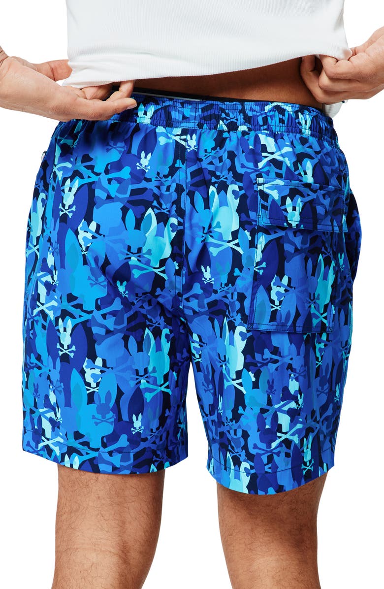 Psycho Bunny Tanner Camo Bunny Print 6-Inch Swim Trunks, Alternate, color, Multi Blue