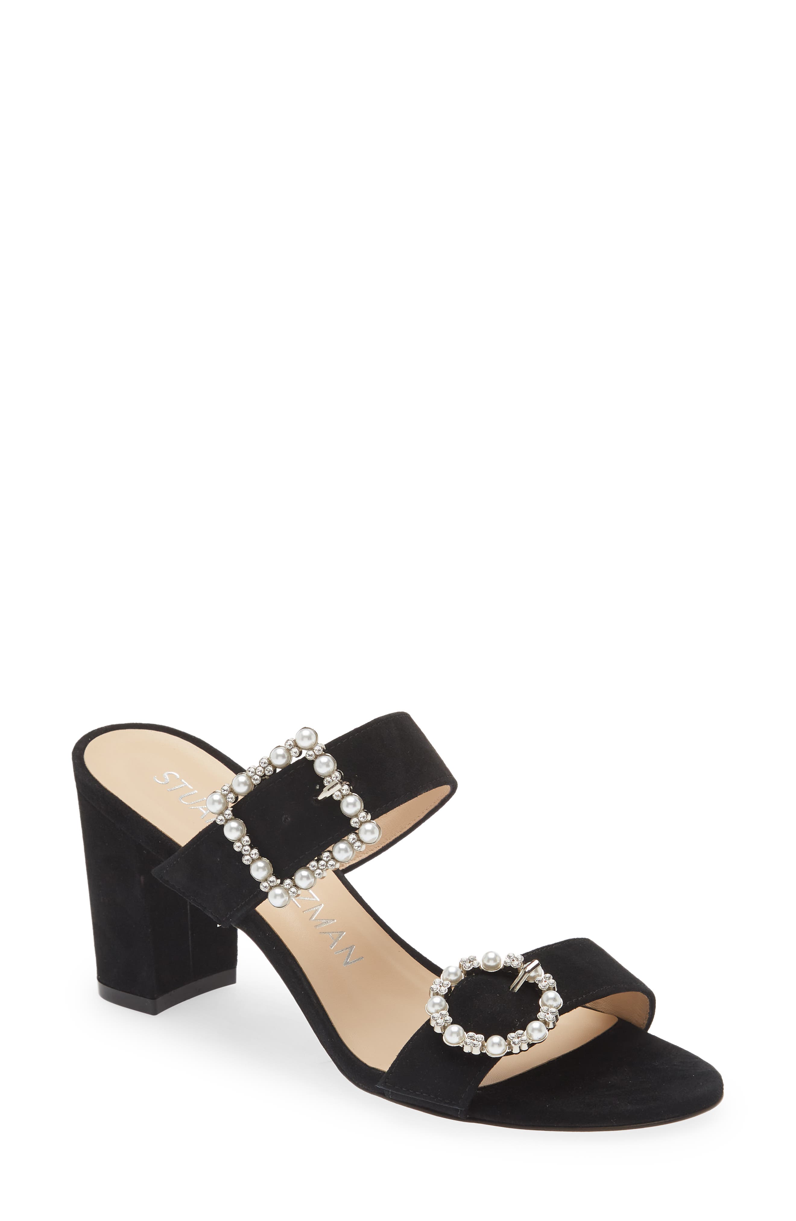 Stuart Weitzman Imitation Pearl Geo Buckle 75 Slide Sandal, Main, color, 