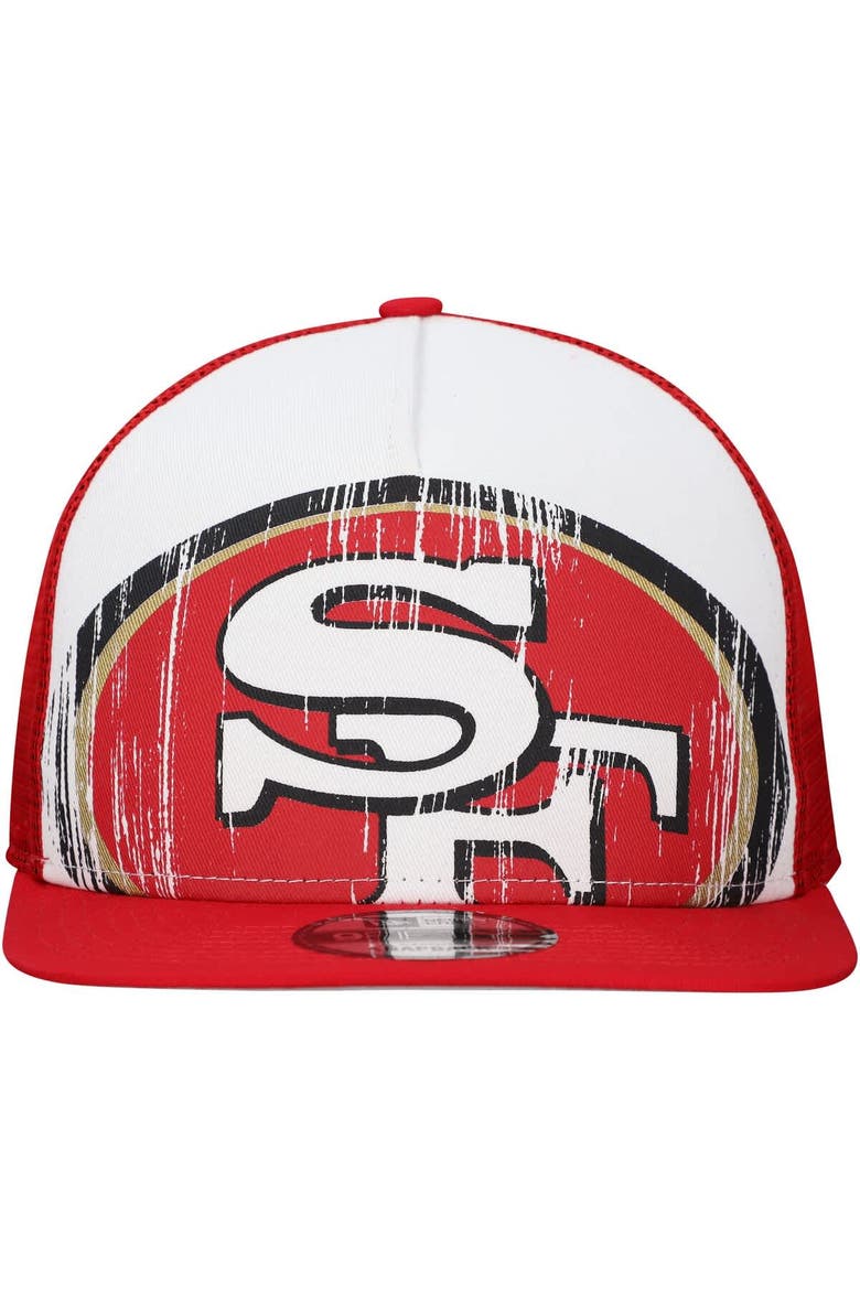 Men's New Era White/Scarlet San Francisco 49ers Distressed 9FIFTY A-Frame Snapback Hat, Alternate, color, White