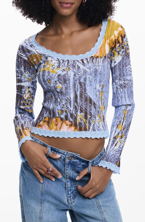 Abstract Print Rib Knit Top