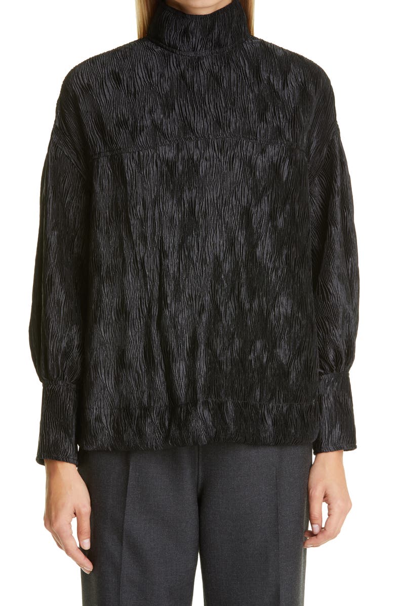 Ganni High Neck Pleated Satin Blouse, Main, color, 