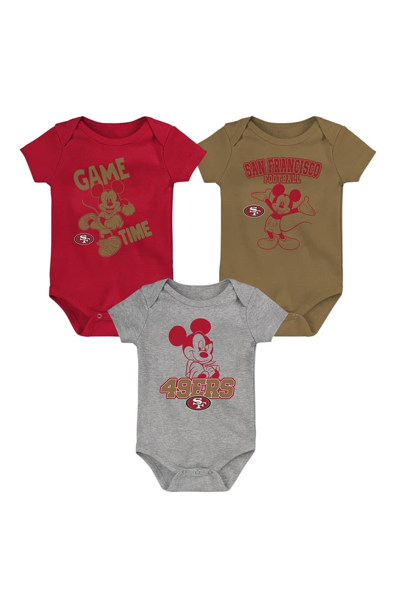 Outerstuff Newborn & Infant Scarlet/Gold/Gray San Francisco 49ers Three-Piece Disney Game Time Bodysuit Set, Main, color,